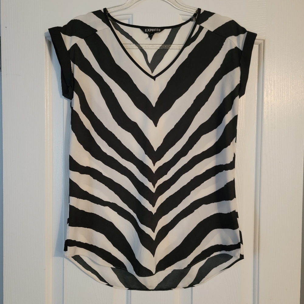 Express Black and White Zebra-Stripe V-Neck Blouse